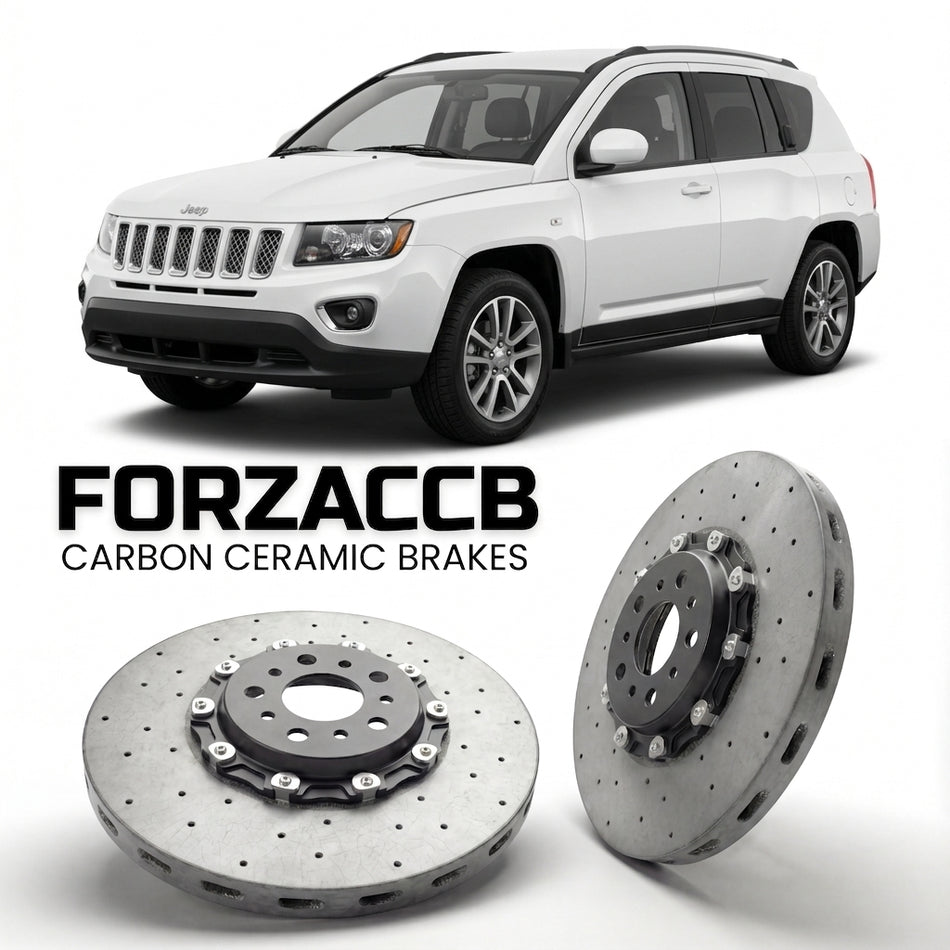 ForzaCCB direct OEM replacement carbon ceramic brake rotors for 2011-2016) Jeep Compass I (MK, facelift 2011 models, shown with a white Jeep Compass car.