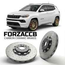 ForzaCCB direct OEM replacement carbon ceramic brake rotors for 2017-2021) Jeep Compass II (MP models, shown with a white Jeep Compass car.