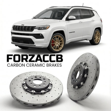 ForzaCCB direct OEM replacement carbon ceramic brake rotors for 2017-2021) Jeep Compass II (MP models, shown with a white Jeep Compass car.