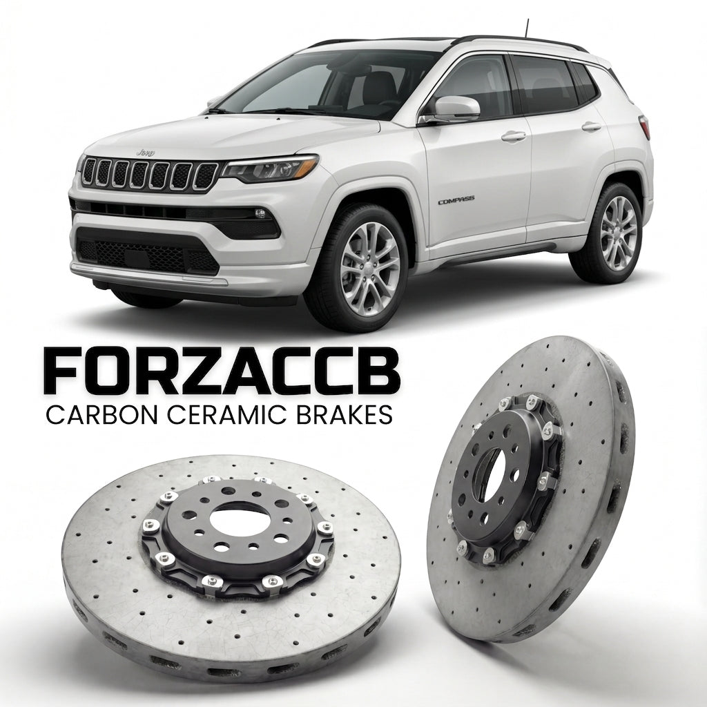 ForzaCCB direct OEM replacement carbon ceramic brake rotors for 2021+) Jeep Compass II (MP, facelift 2021 models, shown with a white Jeep Compass car.
