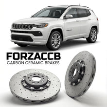 ForzaCCB direct OEM replacement carbon ceramic brake rotors for 2021+) Jeep Compass II (MP, facelift 2021 models, shown with a white Jeep Compass car.