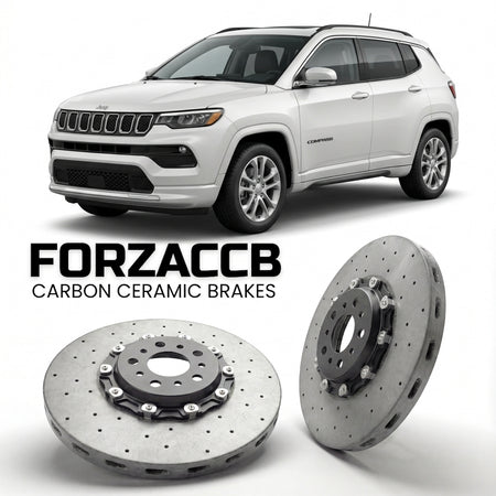 ForzaCCB direct OEM replacement carbon ceramic brake rotors for 2021+) Jeep Compass II (MP, facelift 2021 models, shown with a white Jeep Compass car.