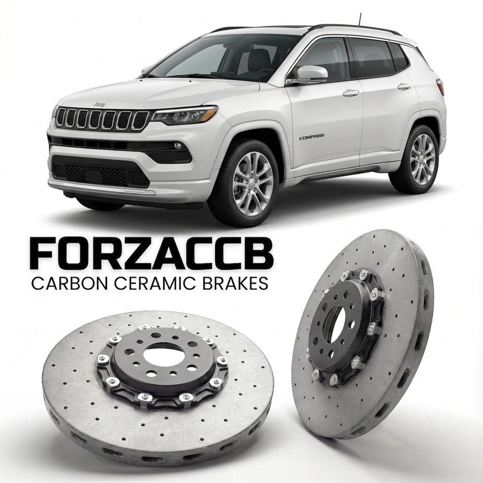 ForzaCCB direct OEM replacement carbon ceramic brake rotors for 2021+) Jeep Compass II (MP, facelift 2021 models, shown with a white Jeep Compass car.