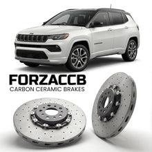 ForzaCCB direct OEM replacement carbon ceramic brake rotors for 2025 and newer Jeep Compass III models, shown with a white Jeep Compass car.