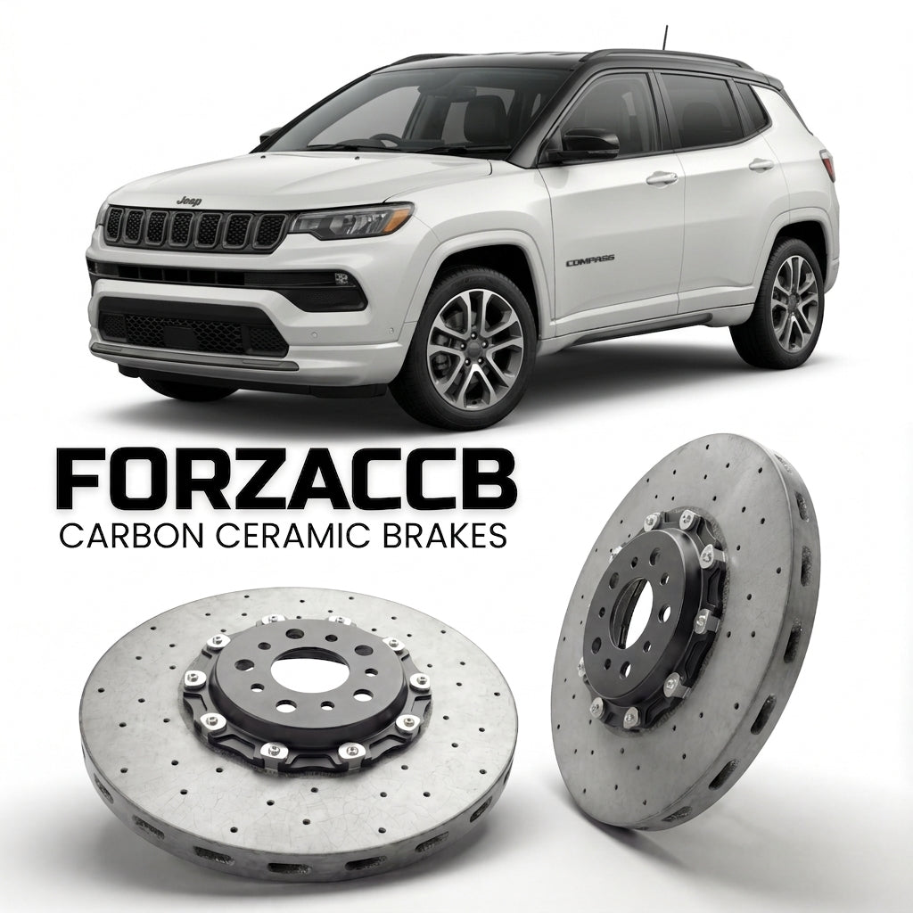 ForzaCCB direct OEM replacement carbon ceramic brake rotors for 2025 and newer Jeep Compass III models, shown with a white Jeep Compass car.