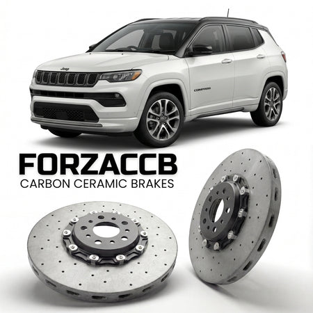 ForzaCCB direct OEM replacement carbon ceramic brake rotors for 2025 and newer Jeep Compass III models, shown with a white Jeep Compass car.