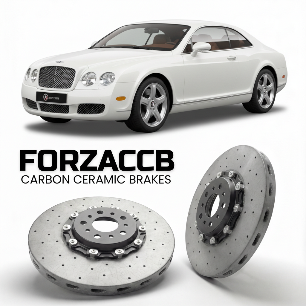 ForzaCCB direct OEM replacement carbon ceramic brake rotors for 2005 to 2007 Bentley Continental R models, shown with a white Bentley Continental car.