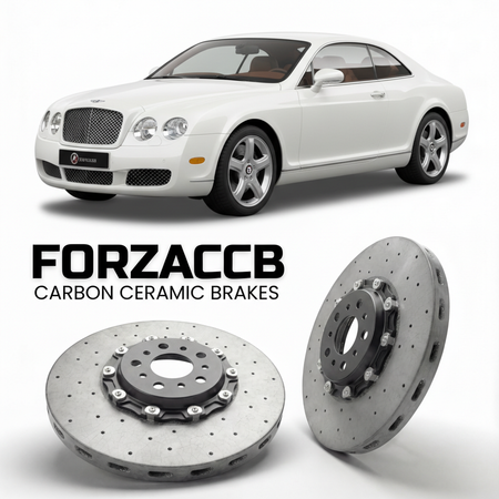 ForzaCCB direct OEM replacement carbon ceramic brake rotors for 2005 to 2007 Bentley Continental R models, shown with a white Bentley Continental car.