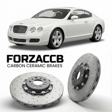 ForzaCCB direct OEM replacement carbon ceramic brake rotors for 2005 to 2007 Bentley Continental models, shown with a white Bentley Continental car.