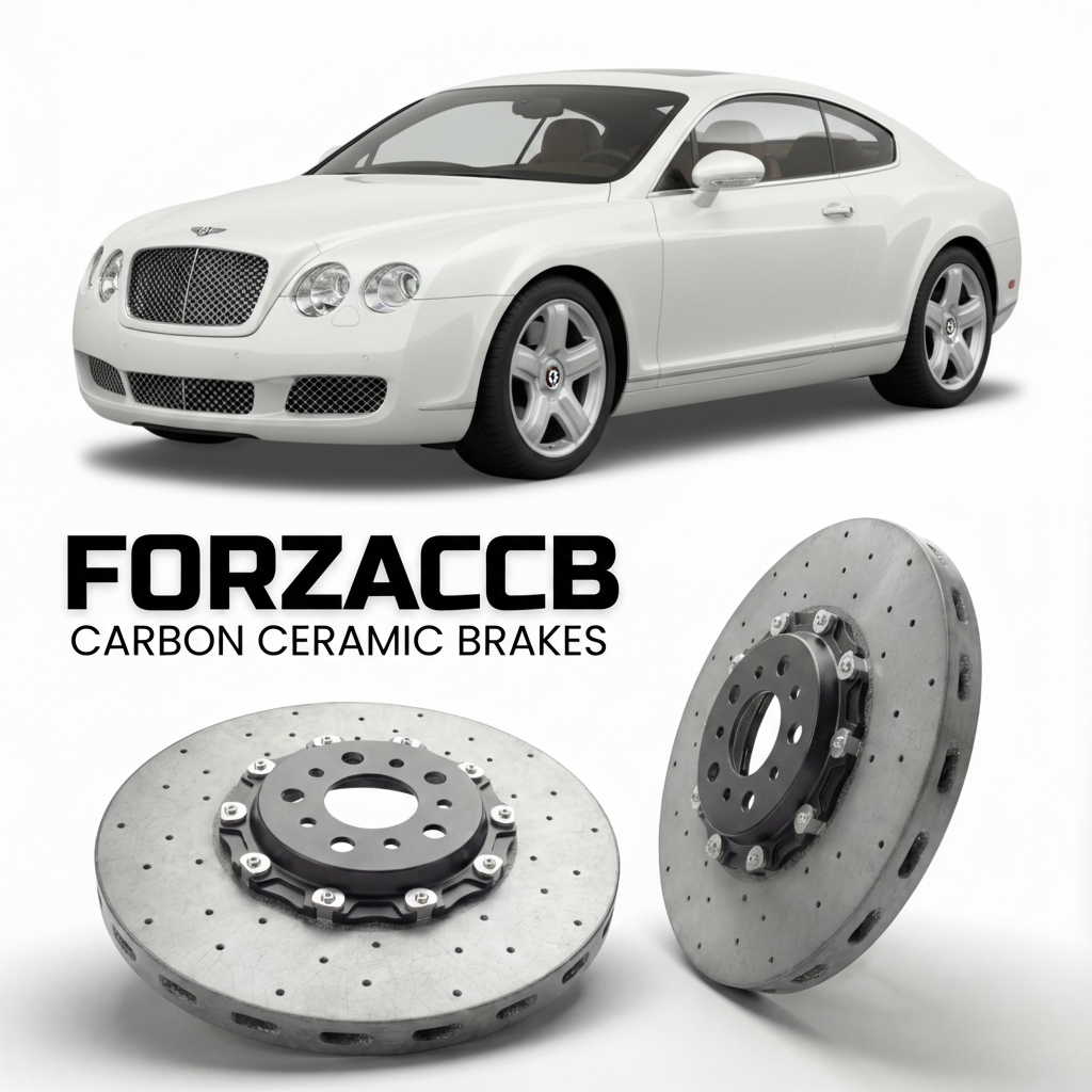 ForzaCCB direct OEM replacement carbon ceramic brake rotors for 2005 to 2007 Bentley Continental models, shown with a white Bentley Continental car.