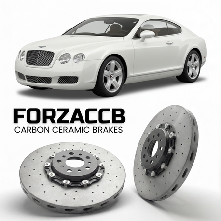 ForzaCCB direct OEM replacement carbon ceramic brake rotors for 2005 to 2007 Bentley Continental models, shown with a white Bentley Continental car.