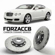 ForzaCCB direct OEM replacement carbon ceramic brake rotors for 2005 to 2010 Bentley Continental GT models, shown with a white Bentley Continental car.