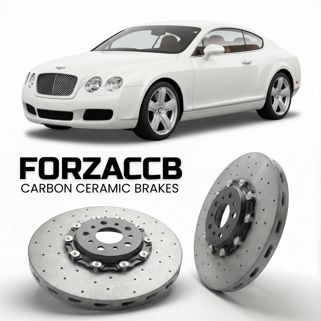 ForzaCCB direct OEM replacement carbon ceramic brake rotors for 2005 to 2010 Bentley Continental GT models, shown with a white Bentley Continental car.