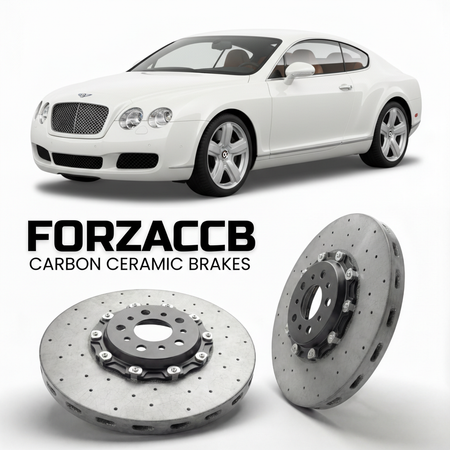 ForzaCCB direct OEM replacement carbon ceramic brake rotors for 2005 to 2010 Bentley Continental GT models, shown with a white Bentley Continental car.