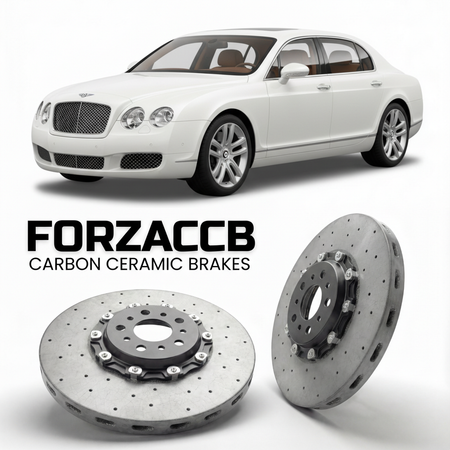 ForzaCCB direct OEM replacement carbon ceramic brake rotors for 2005 to 2013 Bentley Continental Flying Spur models, shown with a white Bentley Continental car.
