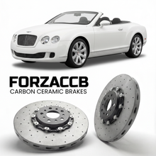 ForzaCCB direct OEM replacement carbon ceramic brake rotors for 2006 to 2010 Bentley Continental GTC models, shown with a white Bentley Continental car.