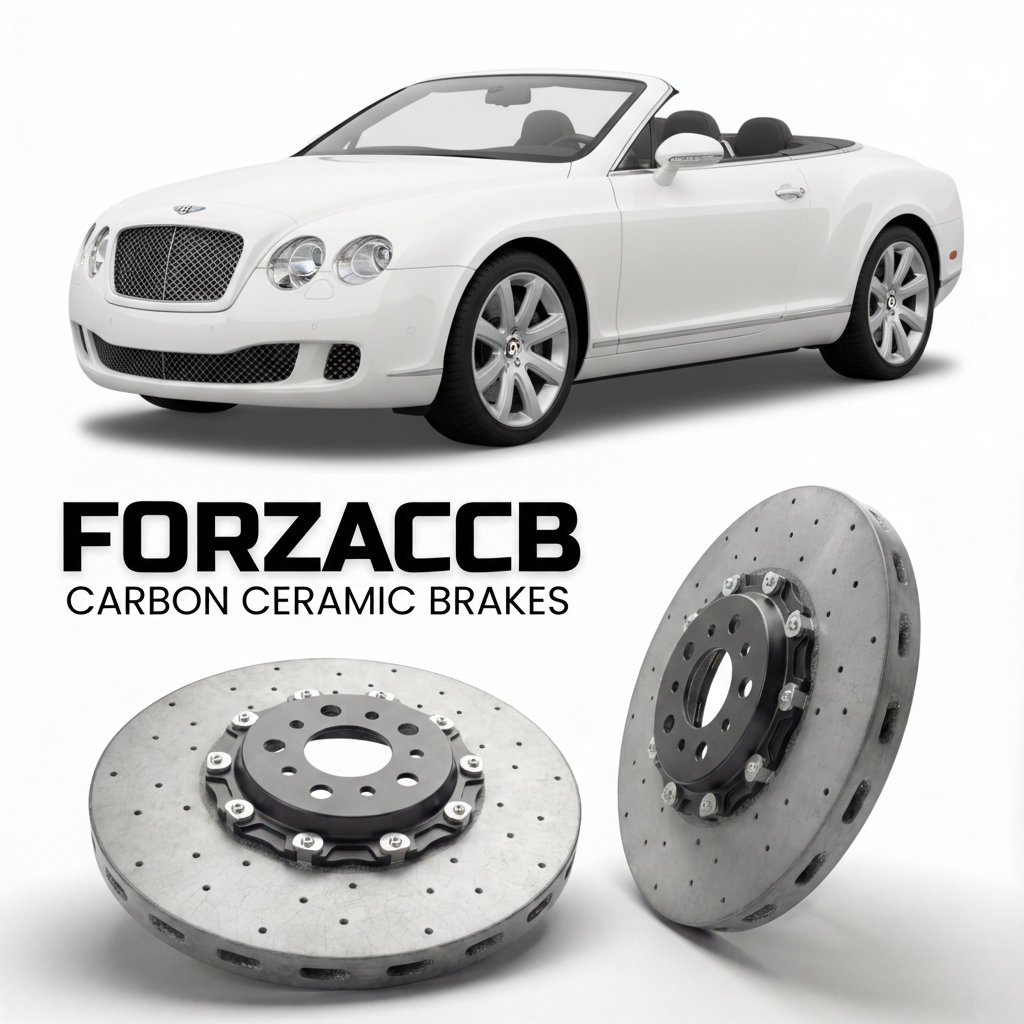 ForzaCCB direct OEM replacement carbon ceramic brake rotors for 2006 to 2010 Bentley Continental GTC models, shown with a white Bentley Continental car.