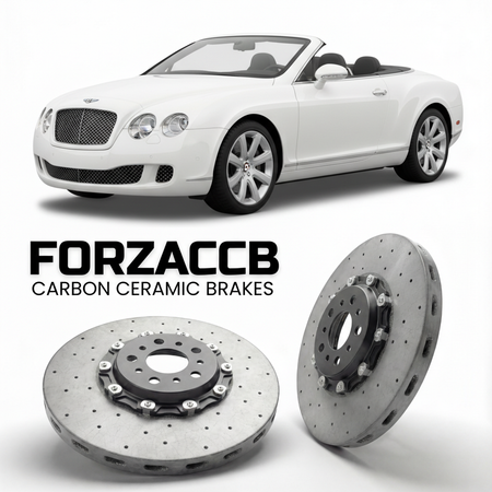 ForzaCCB direct OEM replacement carbon ceramic brake rotors for 2006 to 2010 Bentley Continental GTC models, shown with a white Bentley Continental car.