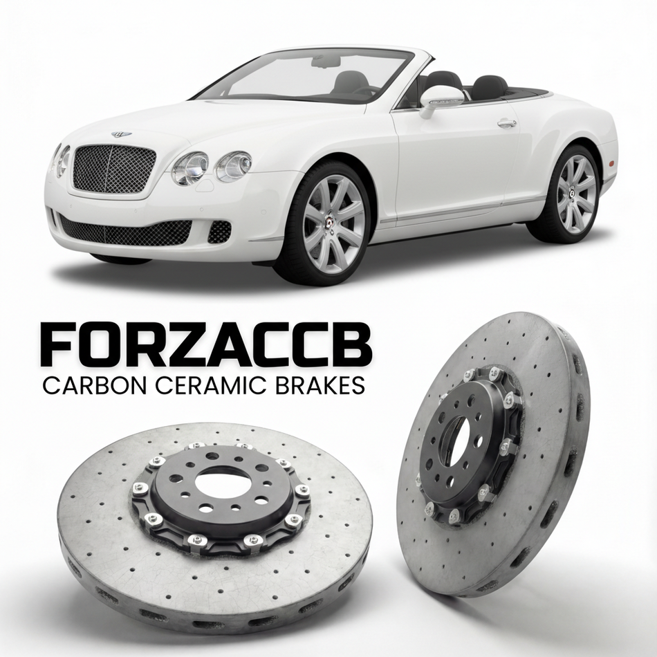 ForzaCCB direct OEM replacement carbon ceramic brake rotors for 2006 to 2010 Bentley Continental GTC models, shown with a white Bentley Continental car.