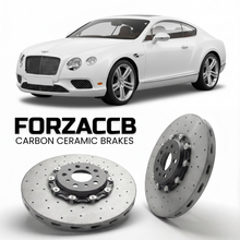 ForzaCCB direct OEM replacement carbon ceramic brake rotors for 2011 to 2015 Bentley Continental GT II models, shown with a white Bentley Continental car.