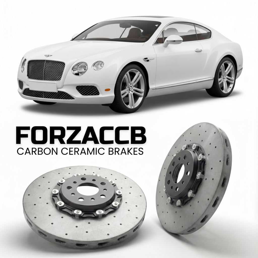 ForzaCCB direct OEM replacement carbon ceramic brake rotors for 2011 to 2015 Bentley Continental GT II models, shown with a white Bentley Continental car.