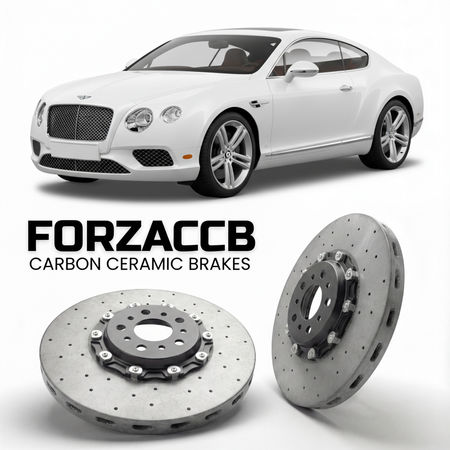 ForzaCCB direct OEM replacement carbon ceramic brake rotors for 2011 to 2015 Bentley Continental GT II models, shown with a white Bentley Continental car.