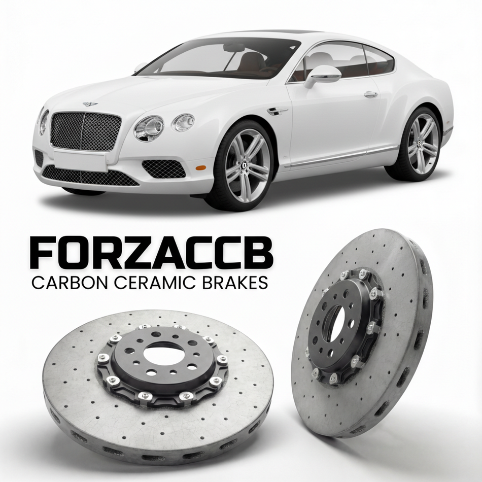ForzaCCB direct OEM replacement carbon ceramic brake rotors for 2011 to 2015 Bentley Continental GT II models, shown with a white Bentley Continental car.