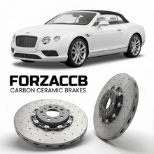 ForzaCCB direct OEM replacement carbon ceramic brake rotors for 2011 to 2015 Bentley Continental GTC II models, shown with a white Bentley Continental car.