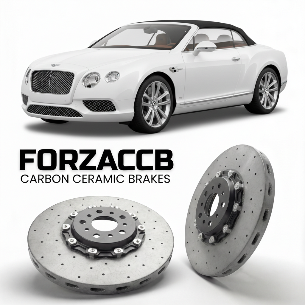 ForzaCCB direct OEM replacement carbon ceramic brake rotors for 2011 to 2015 Bentley Continental GTC II models, shown with a white Bentley Continental car.