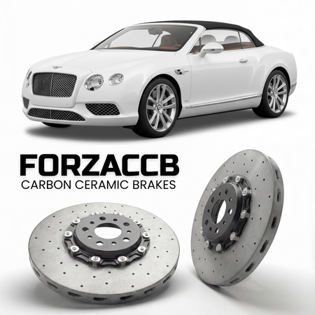 ForzaCCB direct OEM replacement carbon ceramic brake rotors for 2011 to 2015 Bentley Continental GTC II models, shown with a white Bentley Continental car.