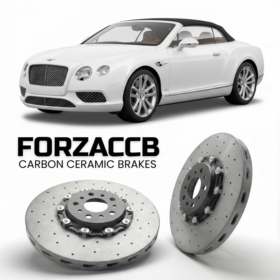 ForzaCCB direct OEM replacement carbon ceramic brake rotors for 2011 to 2015 Bentley Continental GTC II models, shown with a white Bentley Continental car.