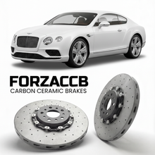 ForzaCCB direct OEM replacement carbon ceramic brake rotors for 2015-2018) Bentley Continental GT II (facelift 2015 models, shown with a white Bentley Continental car.
