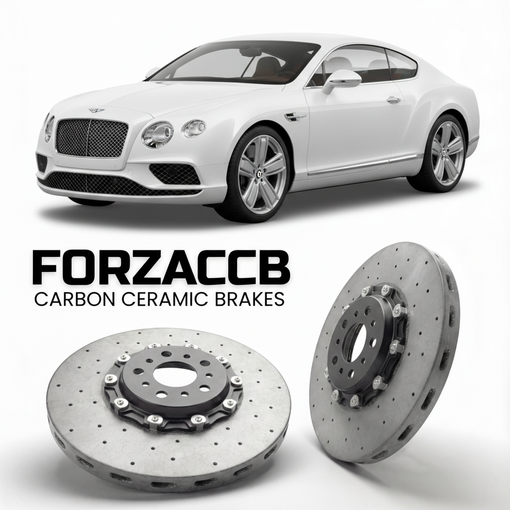 ForzaCCB direct OEM replacement carbon ceramic brake rotors for 2015-2018) Bentley Continental GT II (facelift 2015 models, shown with a white Bentley Continental car.