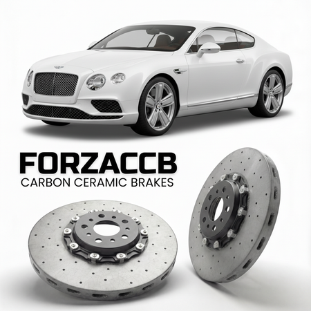 ForzaCCB direct OEM replacement carbon ceramic brake rotors for 2015-2018) Bentley Continental GT II (facelift 2015 models, shown with a white Bentley Continental car.