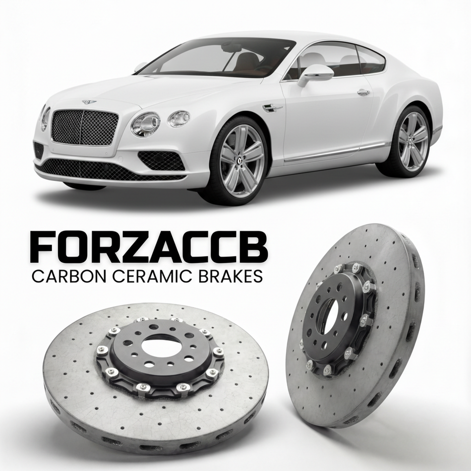 ForzaCCB direct OEM replacement carbon ceramic brake rotors for 2015-2018) Bentley Continental GT II (facelift 2015 models, shown with a white Bentley Continental car.