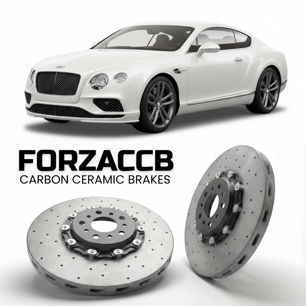 ForzaCCB direct OEM replacement carbon ceramic brake rotors for 2015-2018) Bentley Continental GTC II (facelift 2015 models, shown with a white Bentley Continental car.