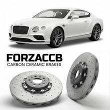 ForzaCCB direct OEM replacement carbon ceramic brake rotors for 2015-2018) Bentley Continental GTC II (facelift 2015 models, shown with a white Bentley Continental car.