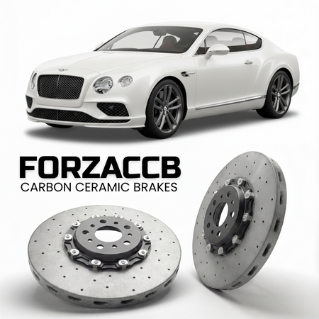 ForzaCCB direct OEM replacement carbon ceramic brake rotors for 2015-2018) Bentley Continental GTC II (facelift 2015 models, shown with a white Bentley Continental car.