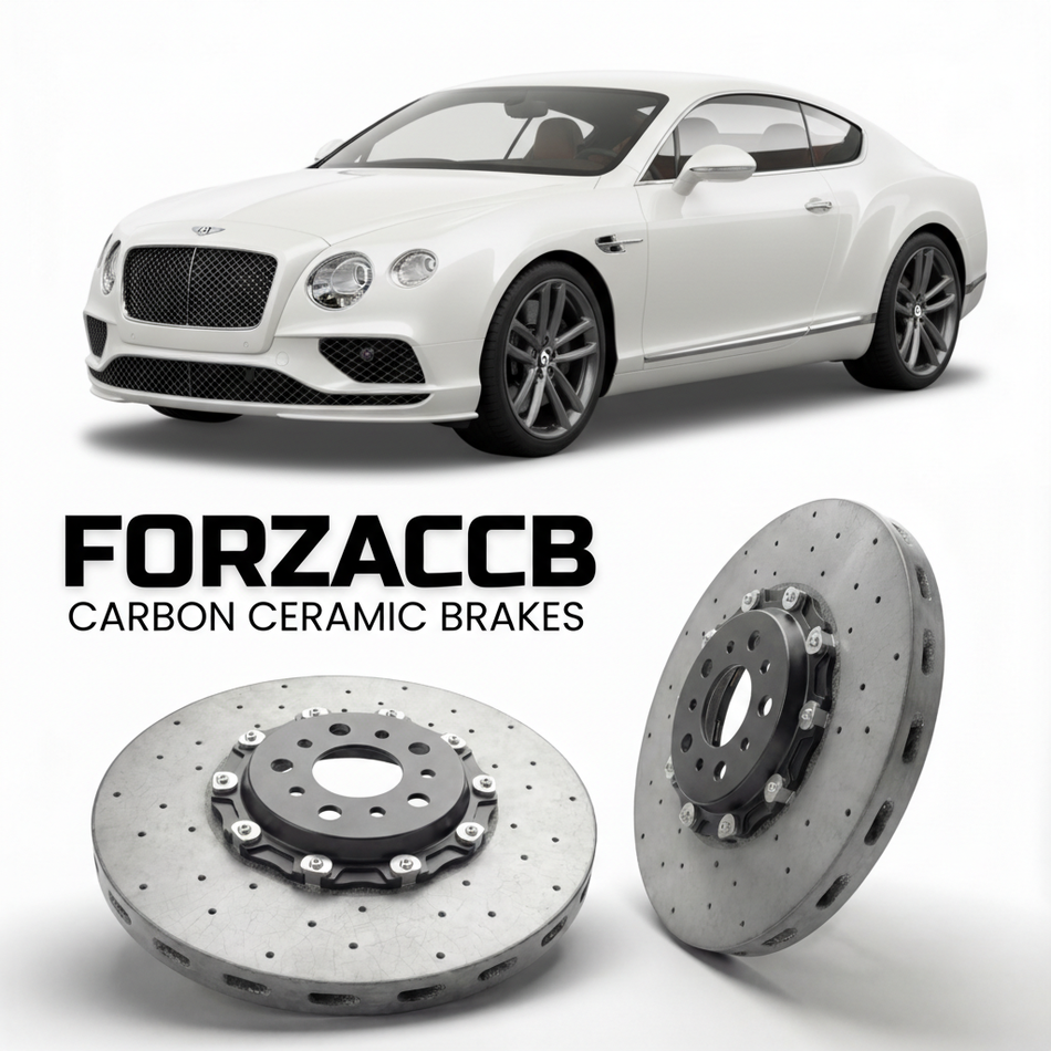 ForzaCCB direct OEM replacement carbon ceramic brake rotors for 2015-2018) Bentley Continental GTC II (facelift 2015 models, shown with a white Bentley Continental car.