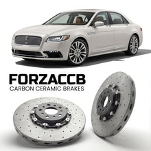 ForzaCCB direct OEM replacement carbon ceramic brake rotors for 2016 and newer Lincoln Continental X models, shown with a white Lincoln Continental car.