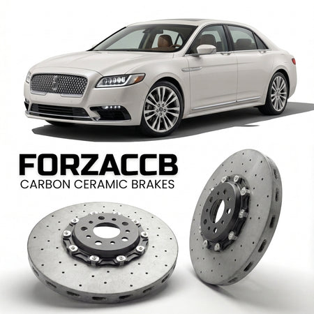 ForzaCCB direct OEM replacement carbon ceramic brake rotors for 2016 and newer Lincoln Continental X models, shown with a white Lincoln Continental car.