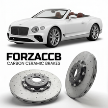 ForzaCCB direct OEM replacement carbon ceramic brake rotors for 2019 to 2024 Bentley Continental GTC III models, shown with a white Bentley Continental car.