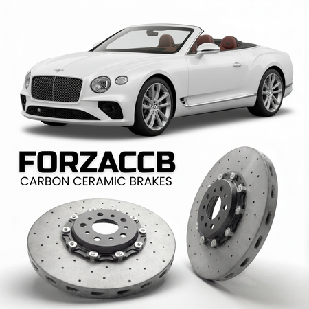 ForzaCCB direct OEM replacement carbon ceramic brake rotors for 2019 to 2024 Bentley Continental GTC III models, shown with a white Bentley Continental car.