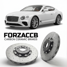 ForzaCCB direct OEM replacement carbon ceramic brake rotors for 2024 and newer Bentley Continental GT IV models, shown with a white Bentley Continental car.