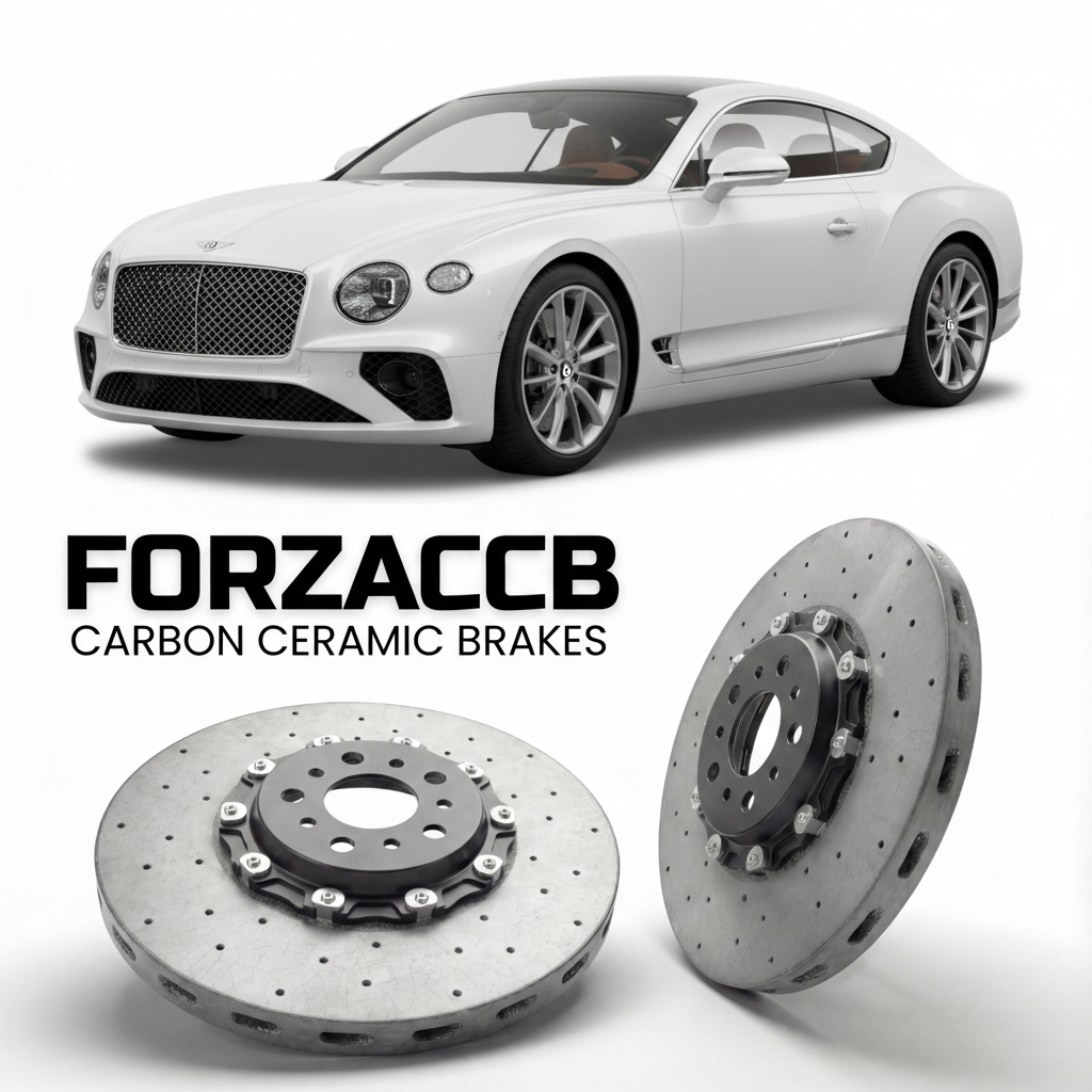 ForzaCCB direct OEM replacement carbon ceramic brake rotors for 2024 and newer Bentley Continental GT IV models, shown with a white Bentley Continental car.