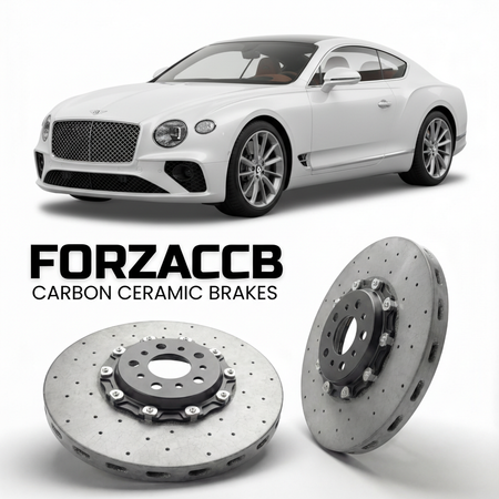 ForzaCCB direct OEM replacement carbon ceramic brake rotors for 2024 and newer Bentley Continental GT IV models, shown with a white Bentley Continental car.