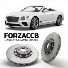 ForzaCCB direct OEM replacement carbon ceramic brake rotors for 2024 and newer Bentley Continental GTC IV models, shown with a white Bentley Continental car.