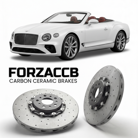 ForzaCCB direct OEM replacement carbon ceramic brake rotors for 2024 and newer Bentley Continental GTC IV models, shown with a white Bentley Continental car.