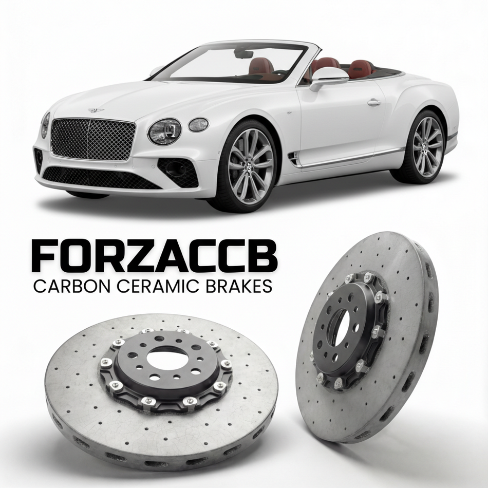 ForzaCCB direct OEM replacement carbon ceramic brake rotors for 2024 and newer Bentley Continental GTC IV models, shown with a white Bentley Continental car.