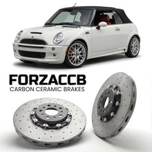 ForzaCCB direct OEM replacement carbon ceramic brake rotors for 2005 to 2008 Mini Convertible R52 models, shown with a white Mini Convertible car.